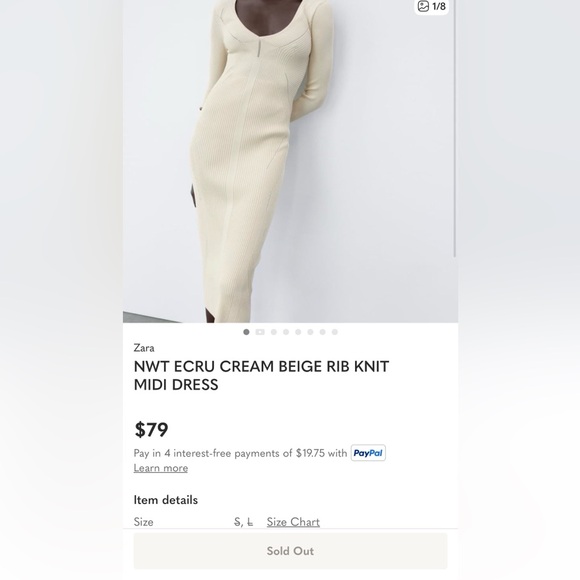 Rare Zara Ecru Ribbed Knit Midi Dress Sculpting Long Sleeve Bodycon Cream Beige - Picture 14 of 14
